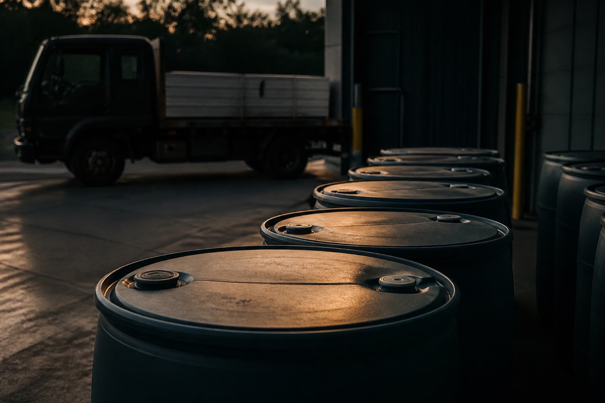 Sealed 200 litre drums on the factory loading dock with a delivery truck waiting at dusk