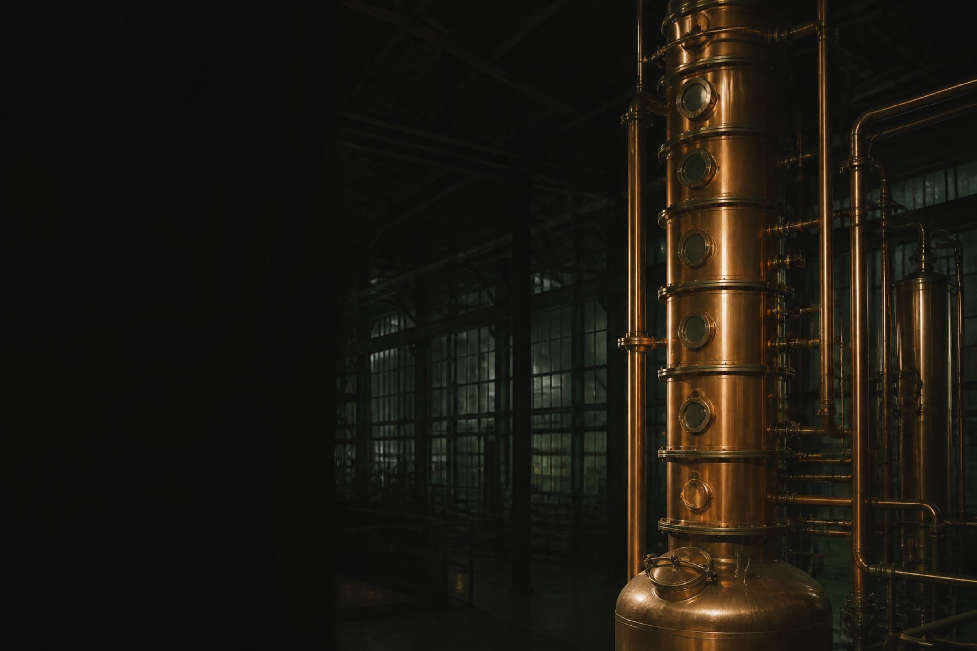 Copper distillation column inside the Lao Yeast Factory production hall