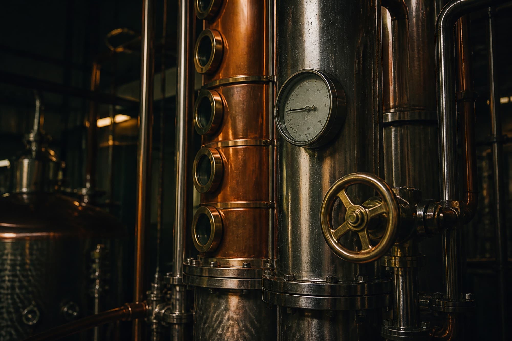 Copper and stainless steel rectification pipework with a pressure gauge and valve wheel